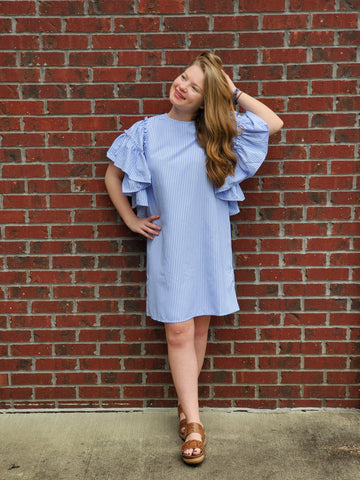 Ruffle Sleeve Dress in Blue Stripe