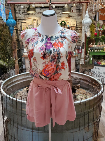 Floral Round Top w/ Flutter Sleeve