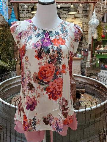 Floral Round Top w/ Flutter Sleeve