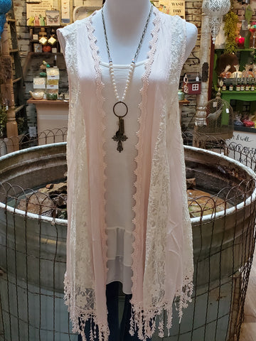 Peach Lace Vest with Trim Details