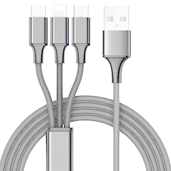 10 Foot 3 in 1 Cable - Micro USB, Lightning, Type C-Silver