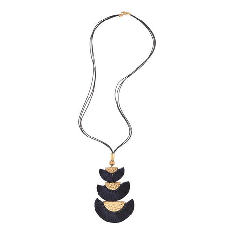 Hammered Gold Tassel Fringe Necklace in Navy