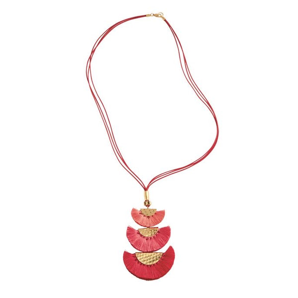 Hammered Gold Tassel Fringe Necklace in Pink