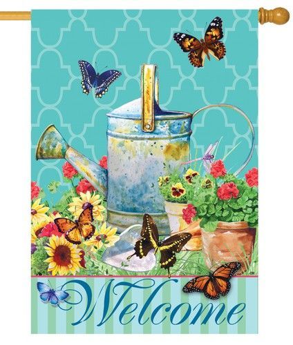 Watering Can Butterflies House Flag