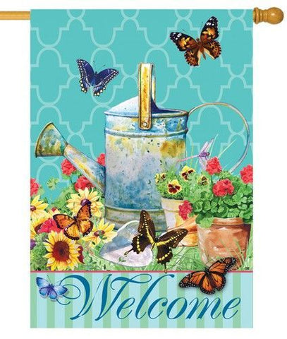 Watering Can Butterflies House Flag