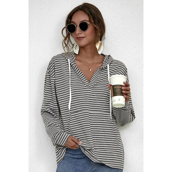 Relaxed V Neck Striped Hoodie