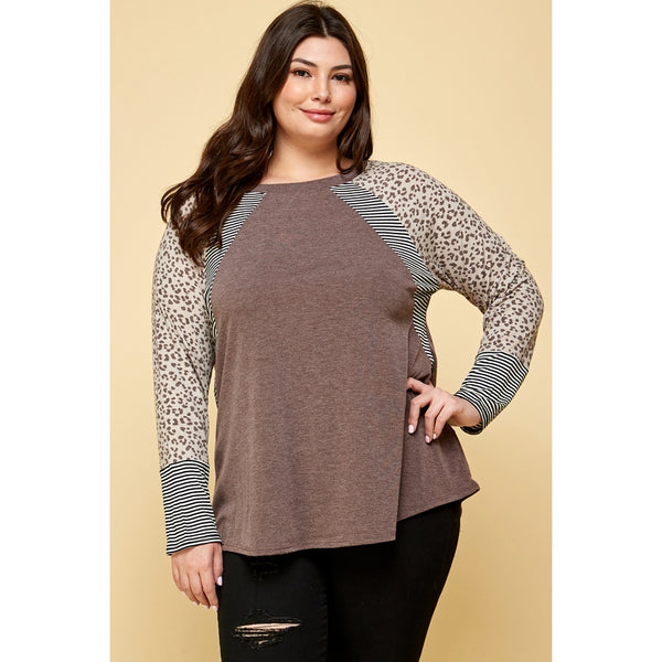 Animal Print and Stripes Contrast Top Plus Size