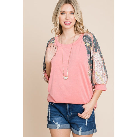 Solid Fashion Top with Floral Sleeves
