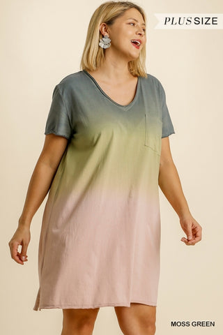 Ombre Short Sleeve Chest Pocket Dress with Side Slits and Raw Edged Hem