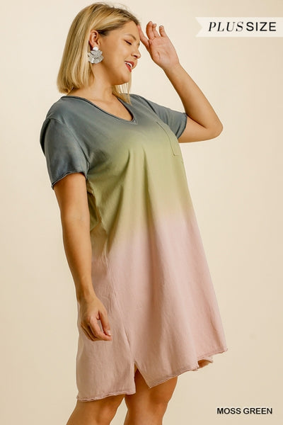 Ombre Short Sleeve Chest Pocket Dress with Side Slits and Raw Edged Hem